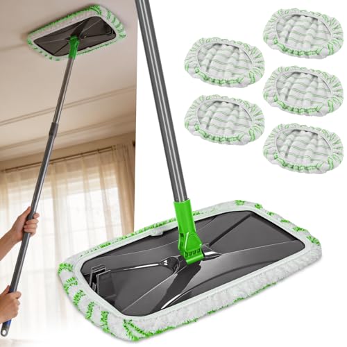 Masthome 16" Extra Large Microfiber Flat Mop for Floor Cleaning, 360° Rotating Dust Mop with 5 Washable Pads & 1 Cleaning Scraper, Wet Dry Mop for Hardwood Laminate Tile Ceramic - color: Green Extra Large