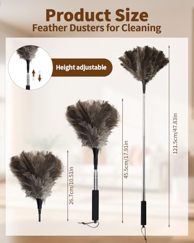 Ostrich Feather Duster, 18-48 Inch Extendable Feather Duster with Natural Fluffy Ostrich Feathers, Dusters for Cleaning Ceiling Fans, Blinds, High Ceilings, Furniture, Cars, Washable & Reusable - color: Ostrich Feather Color