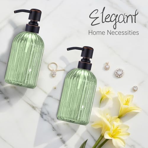 16Oz Green Glass Soap Dispenser with Rust Proof Bronze Stainless Steel Pump, Green Countertop Refillable Liquid Lotion Dispensers with Stainless Steel Pump, Oil Rubbed Bronze Soap Dispenser - color: Oil Rubbed Bronze+ Green, size: 1-Pack