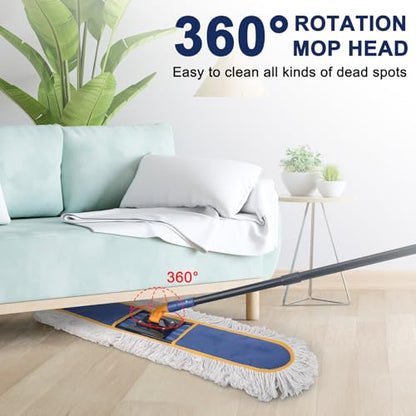 KeFanta 36" Commercial Dust Mops for Floor Cleaning,Industrial Dry Mop with Heavy Duty Long Handle,Large Cotton Reusable Mop Head,for Hardwood,Tile,Concrete,Laminate,Garage Floors(Blue) - size: 36" Commercial Dust Mop + 1 Pad