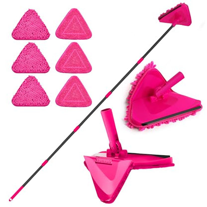 JEHONN Wall Mop with Long Handle 80 inches, Upgraded 180° Collapsible Baseboard Cleaner Tool with Squeegee, Ceiling Duster with 3 Microfiber and 3 Chenille Pads for Cleaning Window, Cabinet (Rose Red) - color: Rose Red