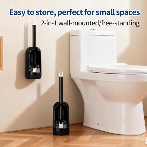 Toilet Bowl Brush and Holder Set, Premium Quality, Wall-Mounted Toilet Scrubber,Solid Handle and Durable Bristles for Bathroom Cleaning,Black(2 Replacement Brush Heads in 1 Pack)