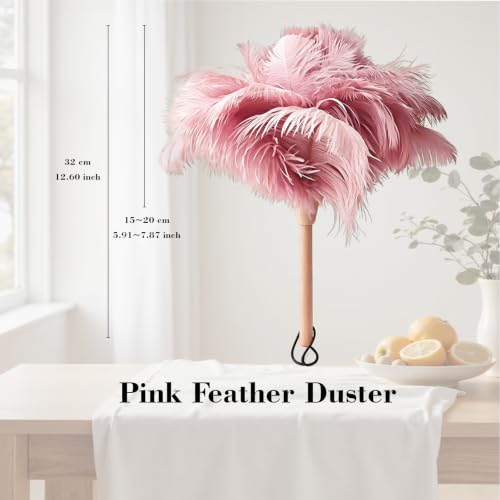 NCEDN Pink Ostrich Feather Duster 32cm – Soft Feather Duster with Wooden Handle for Keyboard, Blinds, Ceiling Fan & Furniture Cleaning - color: Pink