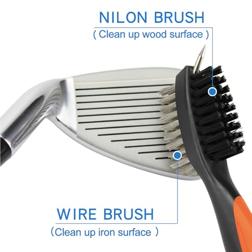 VIPMOON Golf Club Cleaner Kit, 2 Pcs Groove Sharpener Regrooving Tool and 1 Pcs Retractable Club Cleaner Brush, Portable Groove Sharpener Tool for All Golf Irons for Men - color: Gold