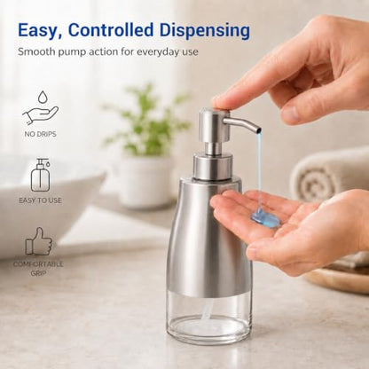 Non-Slip Soap Dispenser with Brushed Nickel Stainless Steel Case, Glass Liner, and Hand Pump for Kitchen/Bathroom. Refillable Liquid Soap Dispenser, 11oz/320ml Capacity. - color: Brushed Nickel, size: 300ml