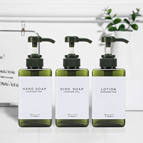 Plastic Refillable Hand Soap Dispenser Modern Square Pump Bottle for Bathroom Vanities or Kitchen Sink, Countertops - 3 Packs with Waterproof Label(Green) - color: 3 Bottles-green