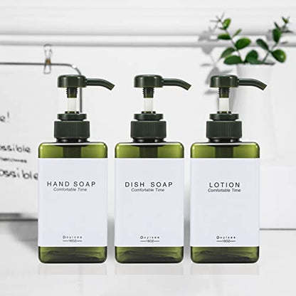 Plastic Refillable Hand Soap Dispenser Modern Square Pump Bottle for Bathroom Vanities or Kitchen Sink, Countertops - 3 Packs with Waterproof Label(Green) - color: 3 Bottles-green
