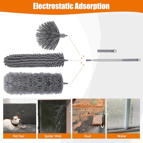 4 Pcs Microfiber Cobweb Duster with 100-inch Extendable Pole, Washable and Reusable Feather Cleaning Duster Kit with 3 Duster Heads,Dusters for Cleaning with Telescopic Pole for High Ceiling Fan - color: 4pcs