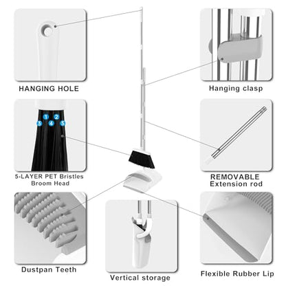 Broom with Dustpan Combo Set for Home, 52-in Long Adjustable Handle Angle Broom and Dustpan Set with Dustpan Comb Teeth for Sweeping Pet Hair Food Dirt Kitchen (White-Grey) - color: White-grey