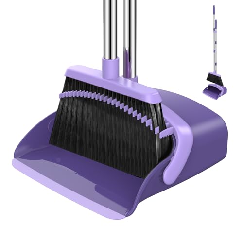 NACENA Broom and Dustpan Set, 52-in Long Adjustable Handle Broom Dustpan Combo with Dustpan Teeth to Automatically Clean Hair Suitable for Home Kitchen Office Hall Floor (Purple) - color: Purple, size: 1 Pack