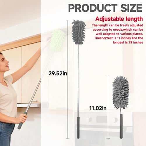 Extendable Microfiber Duster, Telescoping Dusting Brush for Home and Car Cleaning, Adjustable Length, Soft and Flexible - color: Elongated Grey