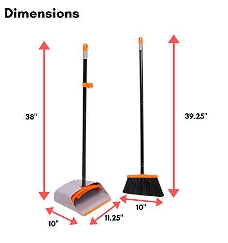 BirdRock Home Broom and Dustpan Set - Lobby Dust Pan - Orange and Grey Durable Set - Indoor or Outdoor - Sweep Combo Great for Kitchen, Home, Garage and Office - Clip On Self Cleaning Bristles