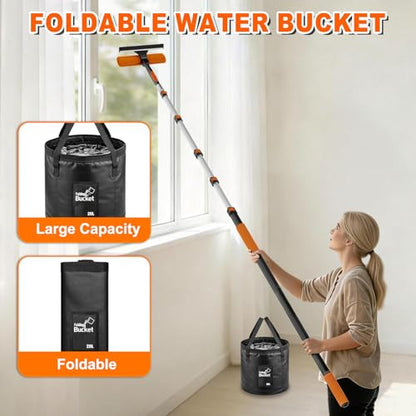 SISUPASSIE 30FT Reach High Ceiling Duster Kit, Window Cleaning kit with 5-24FT Extension Pole, Fan Duster for Ceiling Fan Blades, Microfiber Feather Duster, Window Squeegee, Bucket and Cobweb Duster - size: 24FT