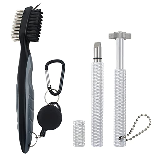 VIPMOON Golf Club Cleaner Kit, 2 Pcs Groove Sharpener Regrooving Tool and 1 Pcs Retractable Club Cleaner Brush, Portable Groove Sharpener Tool for All Golf Irons for Men - color: silver