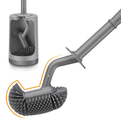 HAMITOR Toilet Bowl Brush Holder Set: Silicone Toilet Cleaner Brush with Curved Design Deep Cleaning Compact Hidden Scrubber for Bathroom Small Space - Modern Rv Toilet Decor Accessories - Gray