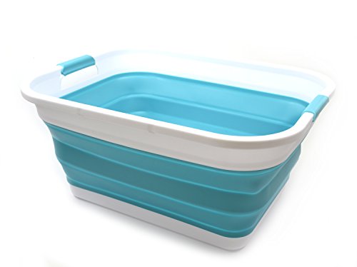 SAMMART 41L (10.8 gallon) Collapsible Plastic Laundry Basket-Foldable Pop Up Storage Container/Organizer-Portable Washing Tub-Space Saving, Water capacity: 32L (8.4 gallon) (Rectangular, Bright Blue) - color: Bright Blue