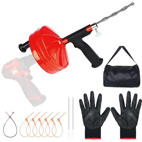 50 Ft Drain Auger,Use Manually or Drill Powered 50 Feet Drain Snake,Heavy Duty Flexible Plumbing Snake,With Gloves and Storage Bag for Kitchen Sink, Shower Drain (50FT, Red) - color: Red-50FT