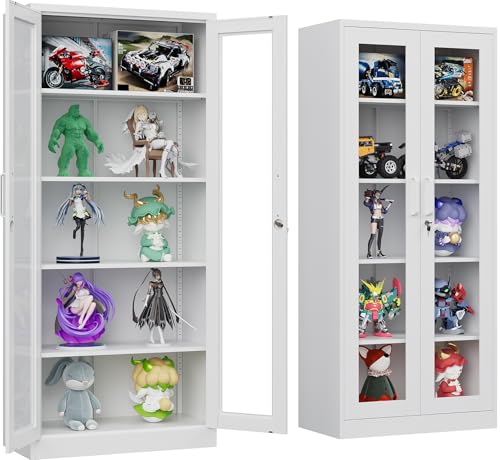 SISESOL Metal Storage Cabinet with Lock and Glass Doors,71" Tall Glass Display Cabinet,White Storage Cabinets,Locking Curio Cabinets with 5 Shelves for Collectibles,Home,Office,Living Room - color: White, size: 71"H -2 Glass Door