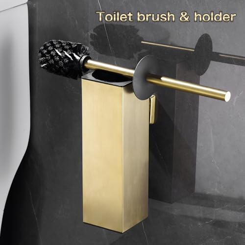 Toilet Brush Set - Brushed Gold, Wall-Mounted Holder, Cleaning Brush Head, and Splash Guard - color: Brushed Gold