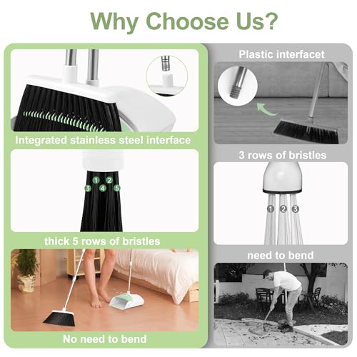Broom with Dustpan Combo Set for Home, 52-in Long Adjustable Handle Angle Broom and Dustpan Set with Dustpan Comb Teeth for Sweeping Pet Hair Food Dirt Kitchen (White-Green) - color: White-green