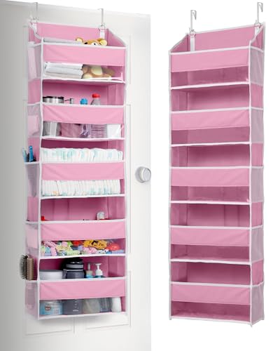 ULG 1 Pack Over Door Organizer with 5 Large Pockets 10 Mesh Side Pockets, 44 lbs Weight Capacity Hanging Storage Organizer with Clear Window Kids Toys, Shoes, Diapers, Pink - color: Pink, size: 1 Pack-5 Tier