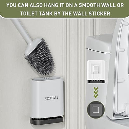 Deep Cleaner Toilet Brush: Silicone Toilet Brush with No-Slip Long Plastic Handle and Flexible Bristles, Quick Drying Holder Set for Toilet（White）