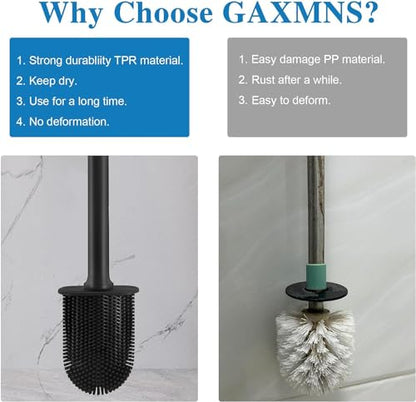 Silicone Toilet Brush and Holder Bendable Efficient Cleaning Wall Mounted Toilet Bowl Brush with Long Handle Brush Head and Silicone Bristles No Rusty Handles Problem (Black) - color: Black