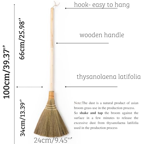 Handmade Whisk Sweeping Broom - Vietnamese Straw Soft Broom for Indoor or Outdoor Sweeping - Broom Decorative 9.45" Width, 39.37" Length