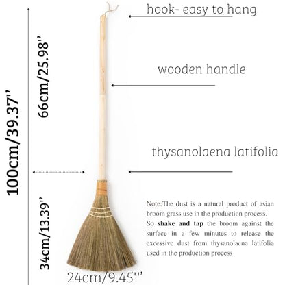 Handmade Whisk Sweeping Broom - Vietnamese Straw Soft Broom for Indoor or Outdoor Sweeping - Broom Decorative 9.45" Width, 39.37" Length
