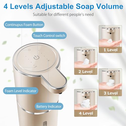 Automatic Foaming Soap Dispenser,4-Level Adjustable Foam, Wall Mount,USB Rechargeable,12.8oz/ 380ml,Touchless Hand & Dish Soap Dispenser for Bathroom, Kitchen,Hotel, Restaurant - color: Champagne Gold, style: Foam