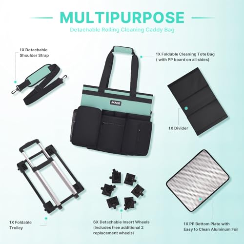 JKAOO Large Rolling Cleaning Caddy Bag with Detachable Trolley, Blue-Green | Waterproof Cleaning Caddy with Wheels, 40L Wheeled Organizer Cart for Supplies, Housekeepers, Home, Office, Car, Picnic - color: Blue Green