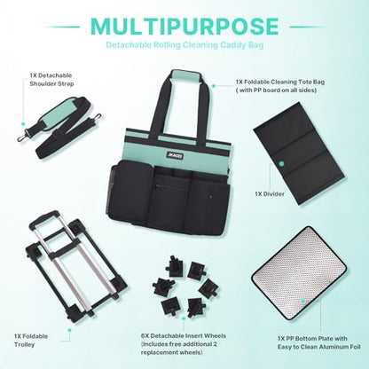 JKAOO Large Rolling Cleaning Caddy Bag with Detachable Trolley, Blue-Green | Waterproof Cleaning Caddy with Wheels, 40L Wheeled Organizer Cart for Supplies, Housekeepers, Home, Office, Car, Picnic - color: Blue Green