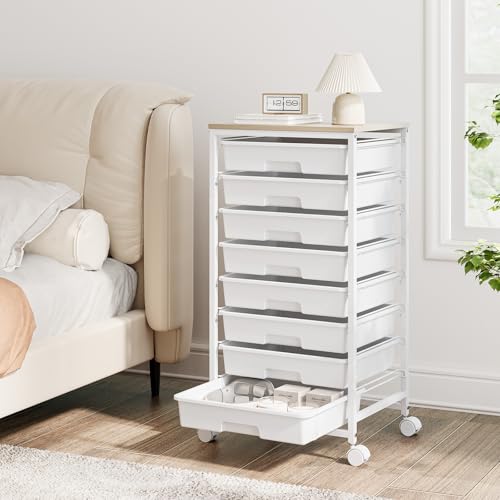 Storage Cart with 8 Drawers, Utility Cart with White Drawers and Wooden Tabletop, Craft Cart, Teacher Organization for Classroom,White - color: White