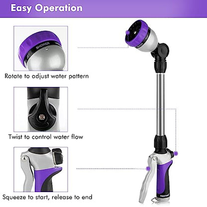 RESTMO Metal Watering Wand, Heavy Duty Garden Hose Wand with 180° Swivel Ratcheting Head, 16'' Hose Nozzle Sprayer with 7 Spray Patterns and Flow Control, for Water Hanging Baskets and Shrubs, Purple - color: Purple