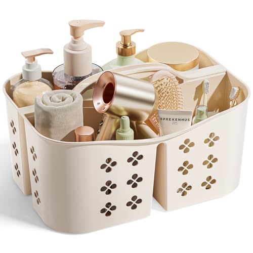 Portable Shower Caddy with Handle, Large Capacity Shower Basket Organizer, Quick-Drain Bathroom Storage Tote, Durable Plastic Shower Organizer for College Dorm, Beach, Gym, Travel Essentials, Beige - color: Beige
