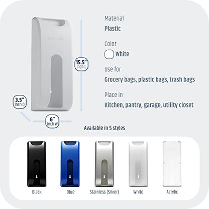 Manterio Plastic Bag Holder | UPGRADED Wall-Mount Grocery Bag Dispenser | Space-Saving Design | Easy Install | Smudge-Proof, Fingerprint-Resistant | White | Holds the Most Bags for Maximum Storage - color: White