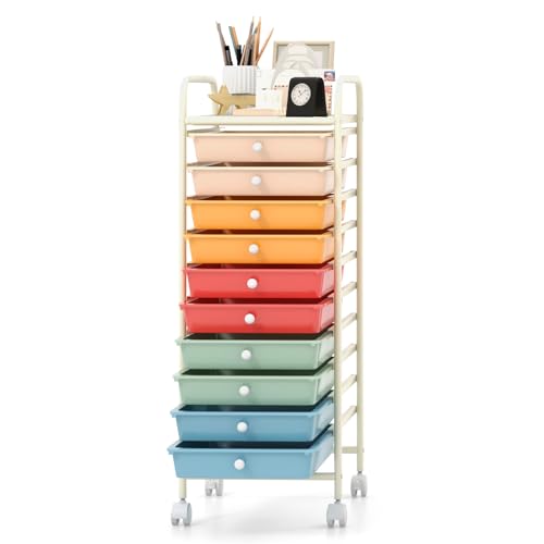 MEDIMALL 10 Drawers Rolling Storage Cart, Multipurpose Craft Storage Cart with Wheels, Mobile Tools Scrapbook Paper Organizer Cart for Office School Home Use - color: Macaron