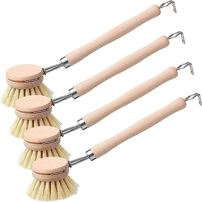 Maxdot 4 Pcs Kitchen Dish Brush with Beechwood Handle Natural Wooden Handle Scrub Brush Fiber Bristles Dish Scrub 2 Inch Replacement Brush Head for Pots Pans Utensils Washing Supplies