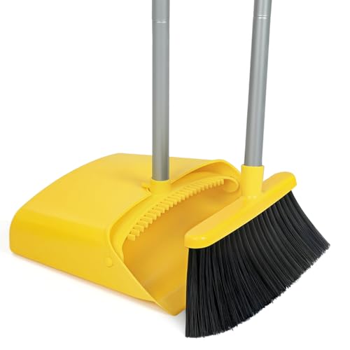Stand Up Dustpan and Broom Set 50” Long Handle Broom with Dust Pan, with Self Cleaning Combe for Ergonomic Home Office Classroom Indoor Sweeping