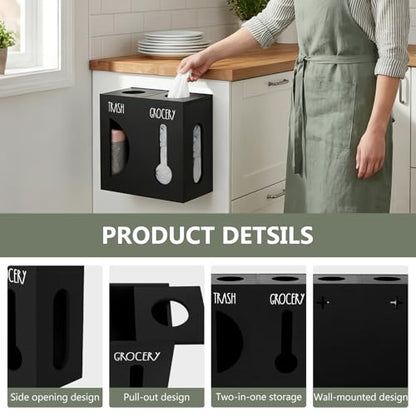 2 in 1 Trash Bag Dispenser, Double Wall Mounted,Wood Trash Bag Holder, used in kitchen, garage, laundry room, can store Environmentally friendly food bags and garbage bags(Black/Large) - color: Black/Large
