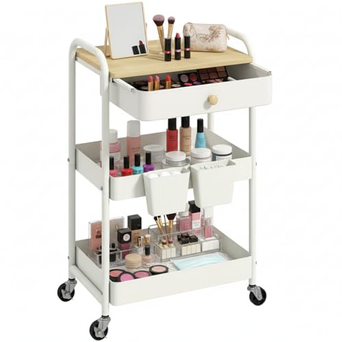 danpinera 3 Tier Rolling Cart with Wooden Table Top, White Rolling Utility Cart with Drawer & Locked Wheels, Easy Assembly for Nursery, Living Room, Studio - color: White, size: without pegboards