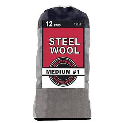 Household Steel Wool 12 Pads, Medium Grade #1 (1 Bag Contain 12 Pads) - size: #1 Medium