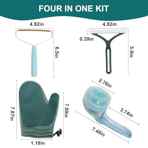 4-in-1 Pet Hair Remover Kit for Cat & Dog Fur Remover for Couch, Carpets & Clothing - Pet Hair Remover Grooming Glove & Pet Bath Scrubber with Shampoo Dispenser