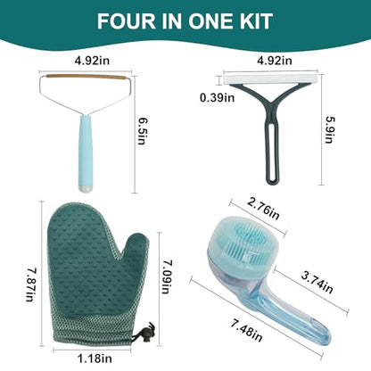 4-in-1 Pet Hair Remover Kit for Cat & Dog Fur Remover for Couch, Carpets & Clothing - Pet Hair Remover Grooming Glove & Pet Bath Scrubber with Shampoo Dispenser