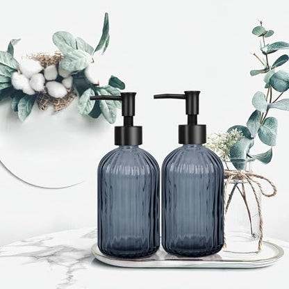 Glass Soap Dispenser with Plastic Pump, Hand Soap Dispenser for Hand Wash, Lotion Dispenser for Dishwashing Liquid, Lotion Shower Gel (Striped Blue Grey) - color: Striped Blue Grey