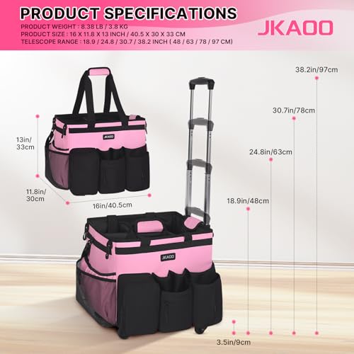 JKAOO Large Rolling Cleaning Caddy Bag with Detachable Trolley, Pink | Waterproof Cleaning Caddy with Wheels, 40L Wheeled Organizer Cart for Supplies, Housekeepers, Home, Office, Car, Picnic - color: Pink