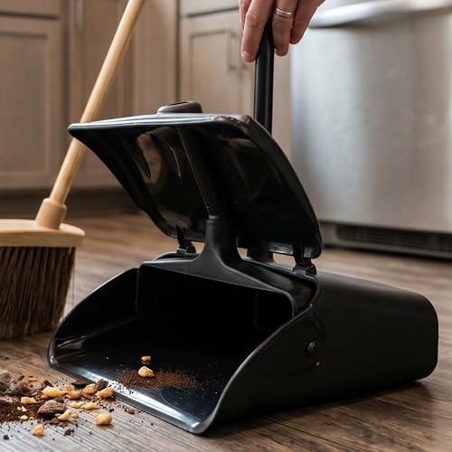 TrueCraftware- 13" Pivoting Upright Lobby Dust Pan with Windbreak Cover- Dustpan with Long Handle Compatible with Any Broom for Lobby Restaurant Office Home Dog Pooper Scooper
