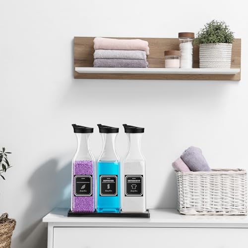 Laundry Detergent Dispenser,54OZ Laundry Soap Dispenser,Liquid Laundry Detergent Container,Fabric Softener Dispenser with Black Wood Tray,Laundry Room Organizer with 4 Labels - color: Black With Black Tray