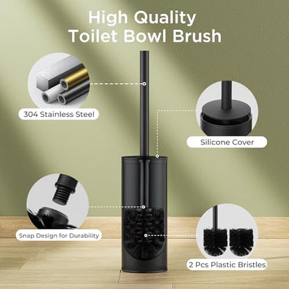 Toilet Brush and Holder Set, Toilet Bowl Brush with Heavy Duty 304 Stainless Steel Base and Extra Long Handle, Toilet Bowl Cleaners Brush for Bathroom (Matte Black) - color: Matte Black