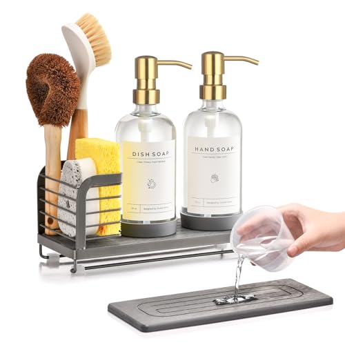 Kitchen Soap Dispenser Set with Drying Tray – 16oz Glass Bottles with Stainless Steel Pumps, Sink Organizer Caddy with Brush Holder & Non-Slip Feet – All-in-One Dish & Hand Soap Station - color: Grey Sink Caddy + Clear Bottle + Gold Pump